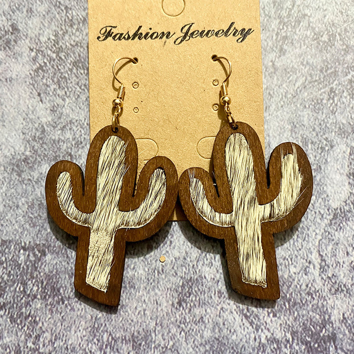 Wholesale Western genuine leather earrings vintage horsehair inlaid cactus wood earrings jewelry