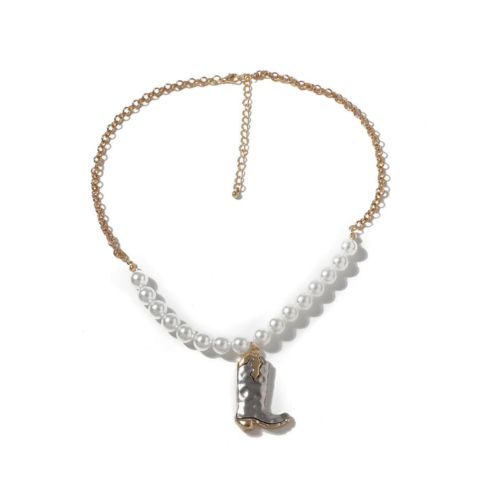 Wholesale Imitation Pearl Chain Double Alloy War Boots Pendant Necklace Denim Girl Jewelry