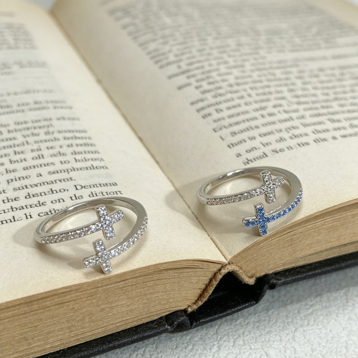 Wholesale Gold Plated Double Cross Zircon Ring Adjustable Unisex Fashion Accessory