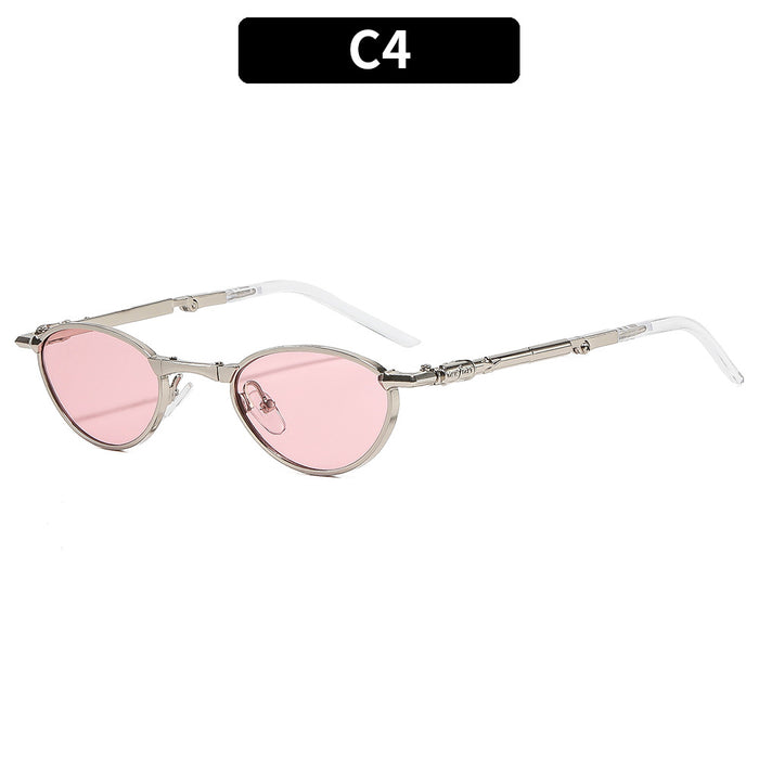 Wholesale Foldable Metal Oval Sunglasses with Rhinestones UV400 Gold Frame Gray Lens for Resale