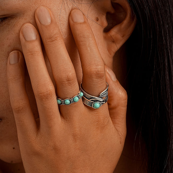 Wholesale 2pcs Retro Personalized Turquoise 2-Piece Set Rings