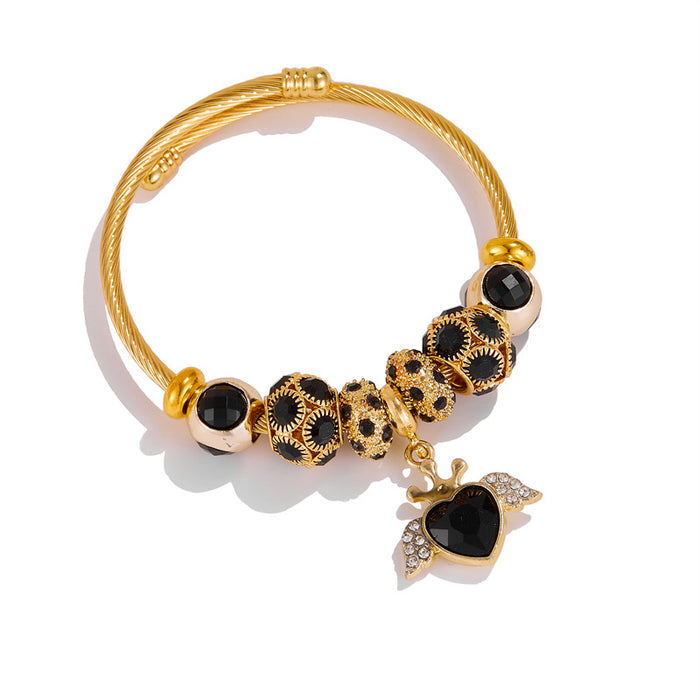 Wholesale Angel Wing Heart Design Stainless Steel Bracelet with Crystal Beads Heart Pendant Jewelry Accessory MOQ≥2
