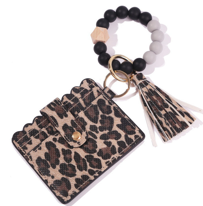 Wholesale Silicone Beads Bracelet Card Holder Leopard Print PU Leather Tassel Pendant Keychain JDC-KC-JinY010