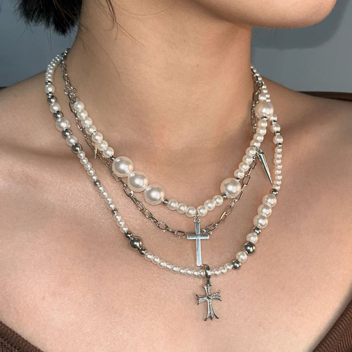 Wholesale Stacked Cross Pearl Long Necklace Niche Clavicle Chain