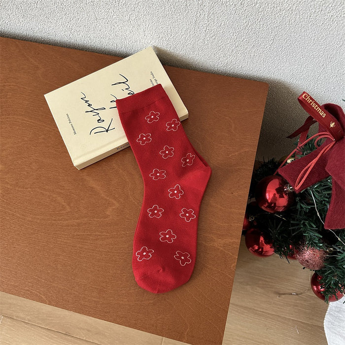 Wholesale Red Socks Children's Middle Socks Flower Bow Pile Cotton Socks