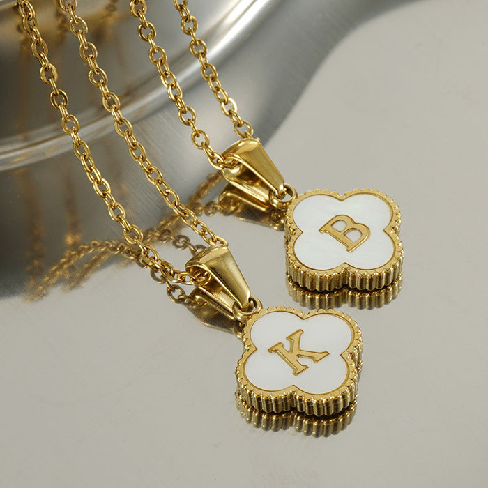 Wholesale Shell Letter Four Leaf Clover Pendant 18K Gold Stainless Steel Necklace JDC-NE-ZhongX005