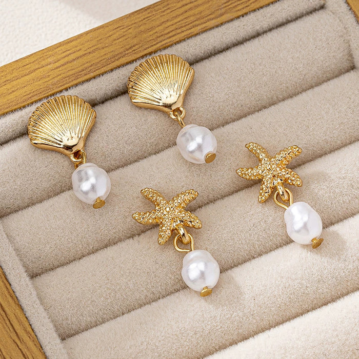 Wholesale  6 sets creative new pearl starfish shell zircon earrings women factory direct sales