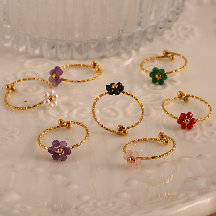 Wholesale Fashionable and minimalist stainless steel cut surface natural stone flower ring, personalized and versatile, multi-color adjustable ring