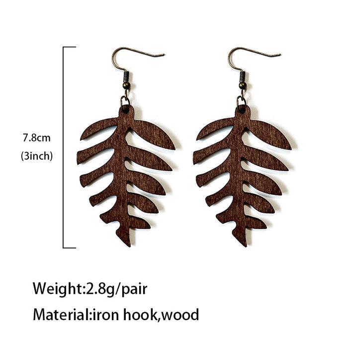 Wholesale Wooden earrings hollow cutting retro leaf shape Bohemian earrings