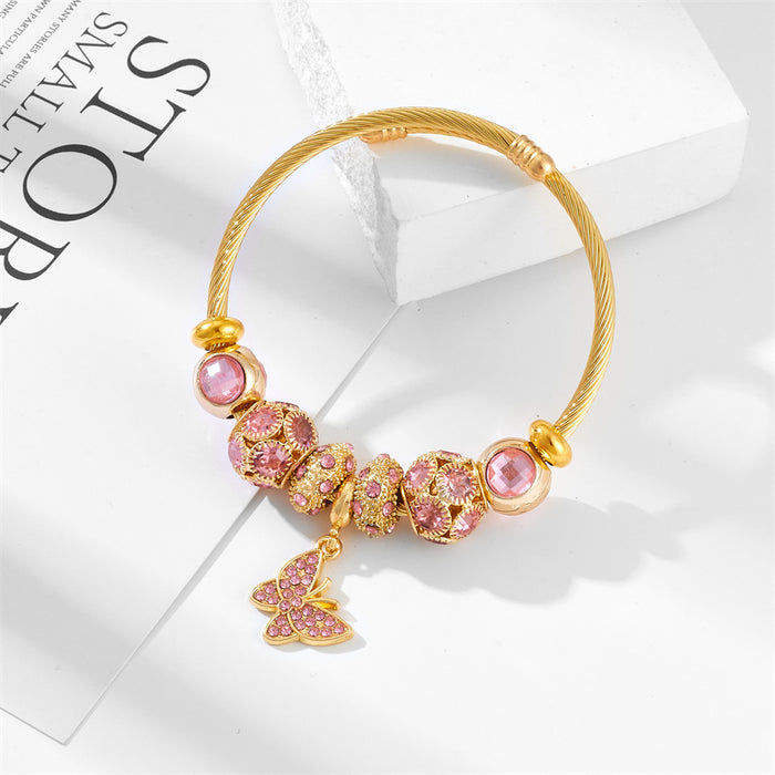 Wholesale Fashion Rhinestone Lucky Cat Butterfly Pendant Bracelet  Stainless Steel Women's Jewelry,  Boutique Resale