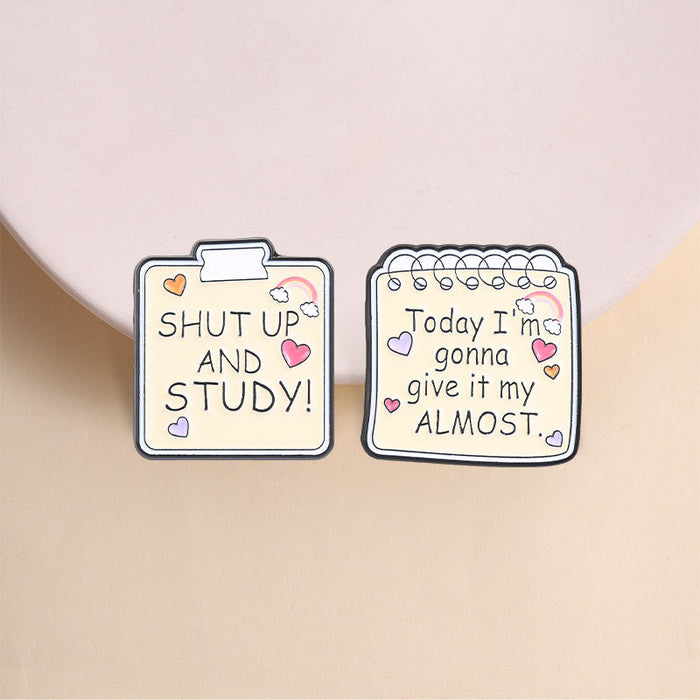 Wholesale Zinc Alloy Brooch Motivational SHUT AND STUDY English Letter Pin Fashion Accessory