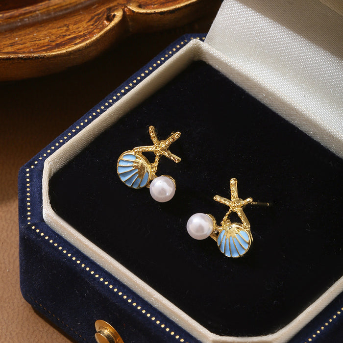 Wholesale Small and luxurious element, oil dripping scallop, starfish, imitation pearl, diamond studded earrings
