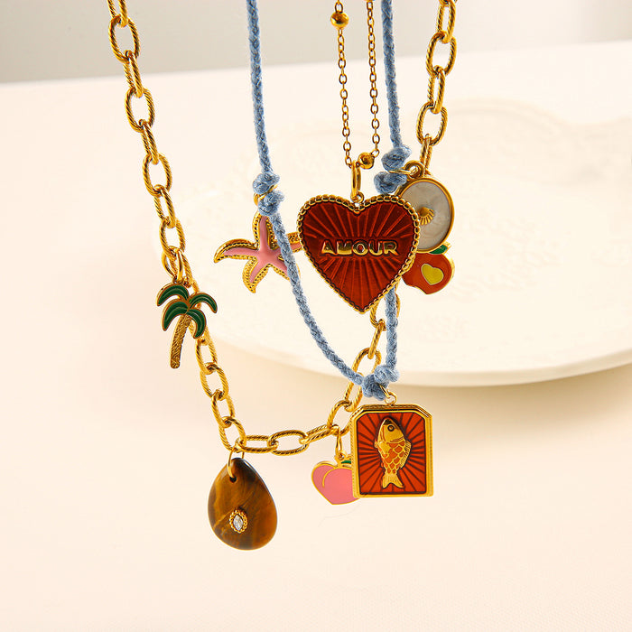 Wholesale Original design color rope necklace paired with stainless steel heart-shaped oil drop pendant, personalized DIY accessory