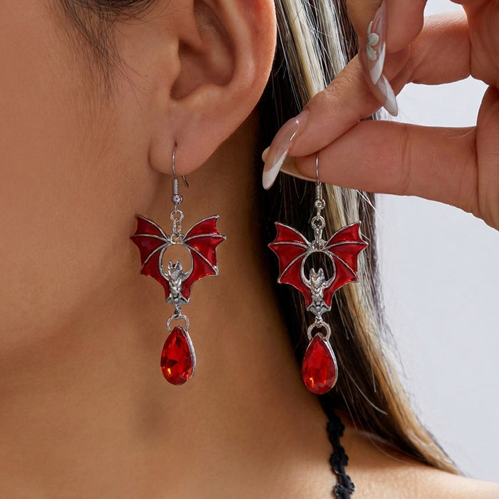 Wholesale Gothic Bat Wing Necklace and Earring Set Black Red Rhinestone Vintage Metal Chain