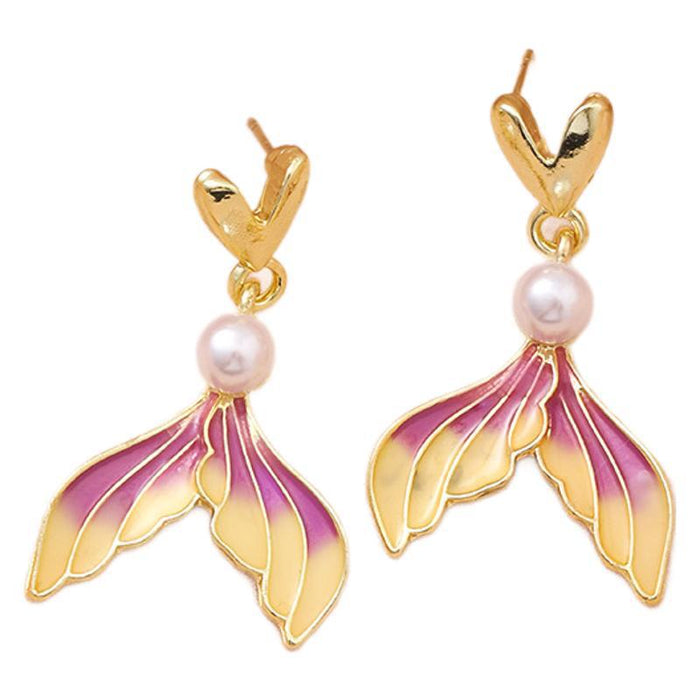 Wholesale Silver needle  oil gradient purple fishtail love pearl earrings