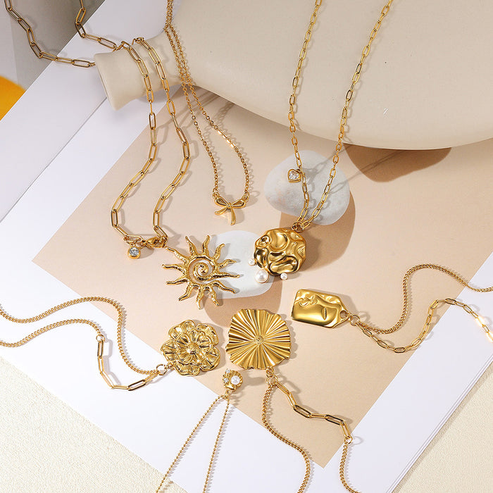 Wholesale Sunflower Pendant Necklace Imitation Pearl Shell Stainless Steel Clavicle Chain