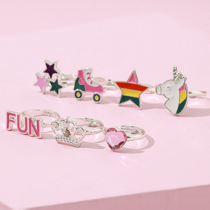 Wholesale 7 PCs suit unicorn crown roller skating shoes star love adjustable ring Children's ring