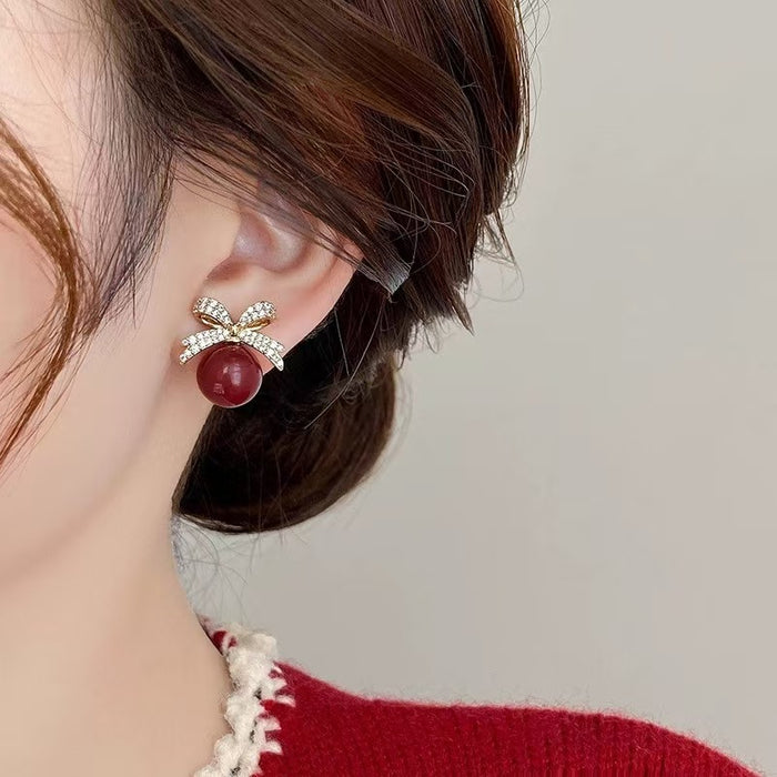Wholesale Full Diamond Bow Pearl Earrings Female