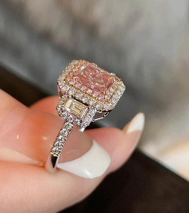 Wholesale Princess Powder Luxury Flash Diamond Pink Diamond Ring Super Flash Micro Set Square Pink Diamond Index Finger Jewelry