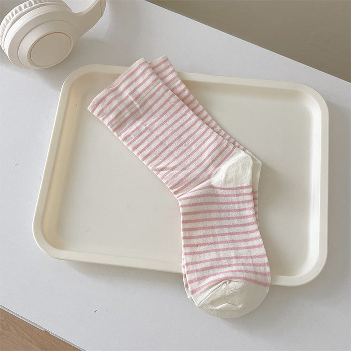 Wholesale Cream striped socks, medium socks, thin cotton socks, sports stockings