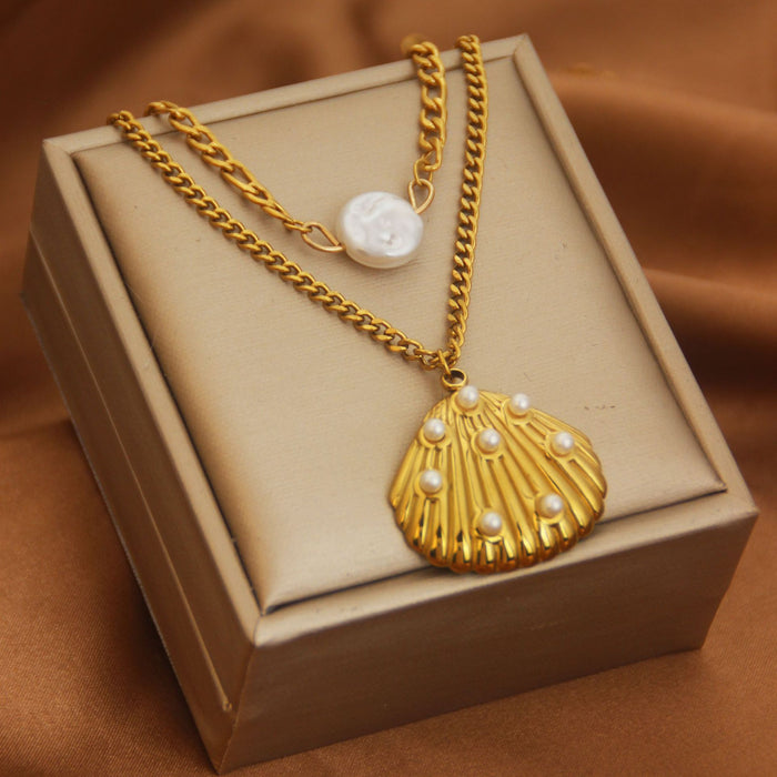 Wholesale Stainless steel diamond encrusted scallop pendant, ocean style women's necklace, personalized layering, versatile collarbone chain