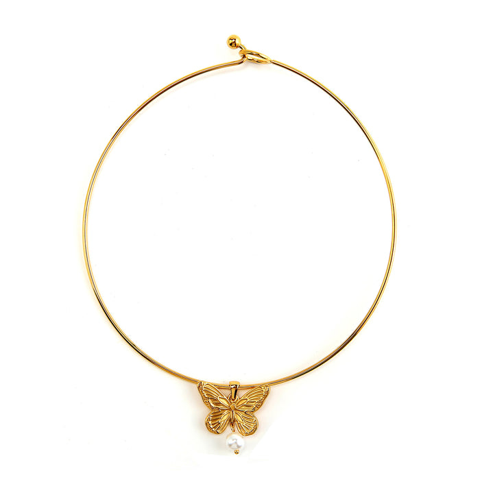 Wholesale Fashionable and personalized stainless steel butterfly hanging pearl pendant collar accessories color preservation wholesale