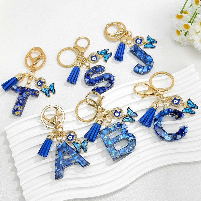 Wholesale Royal Blue 26 Letter Keychain with Evil Eye Butterfly Tassel Pendant