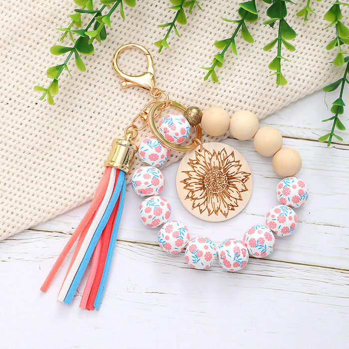 Wholesale Colorful Wooden Beads Bracelet Tassel Wood Keychain JDC-KC-RongRui039