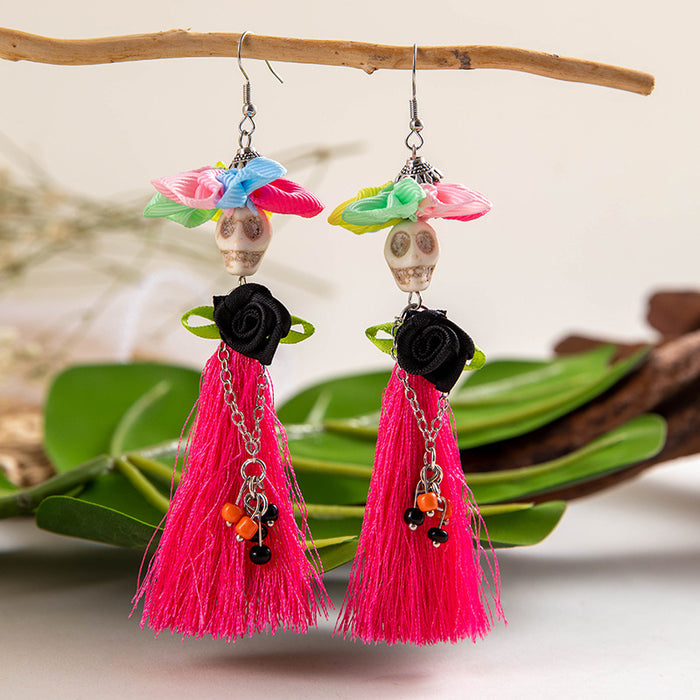 Wholesale  funny fun skull tassel rice beads earrings creative personality rose earrings