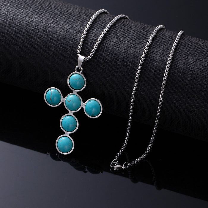 Wholesale Retro Western style natural turquoise necklace,  retro versatile titanium steel chain,  ethnic accessories