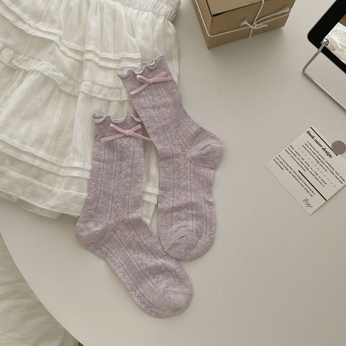 Wholesale Bow shaped mid tube socks with thin hollow mesh breathable stacking socks
