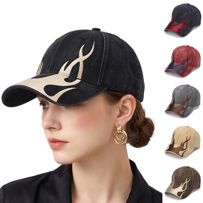 Wholesale Flame Embroidery Washed Baseball Cap Vintage Street Style Curved Brim Hats Unisex