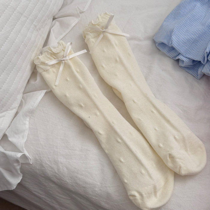 Wholesale Cute mid length socks with butterfly bow and polka dot cotton socks, sweat absorbing and breathable boneless socks
