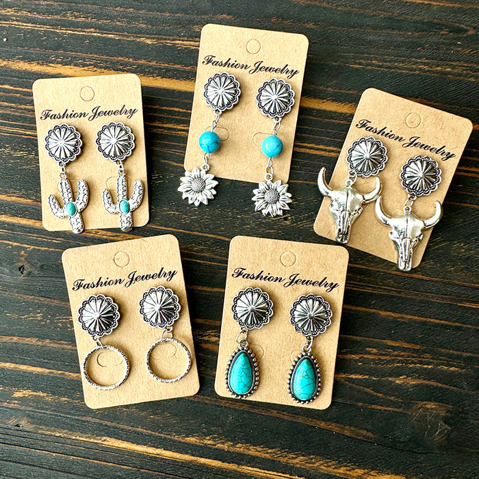 Wholesale cow' s head sunflower inlaid turquoise ing denim earrings