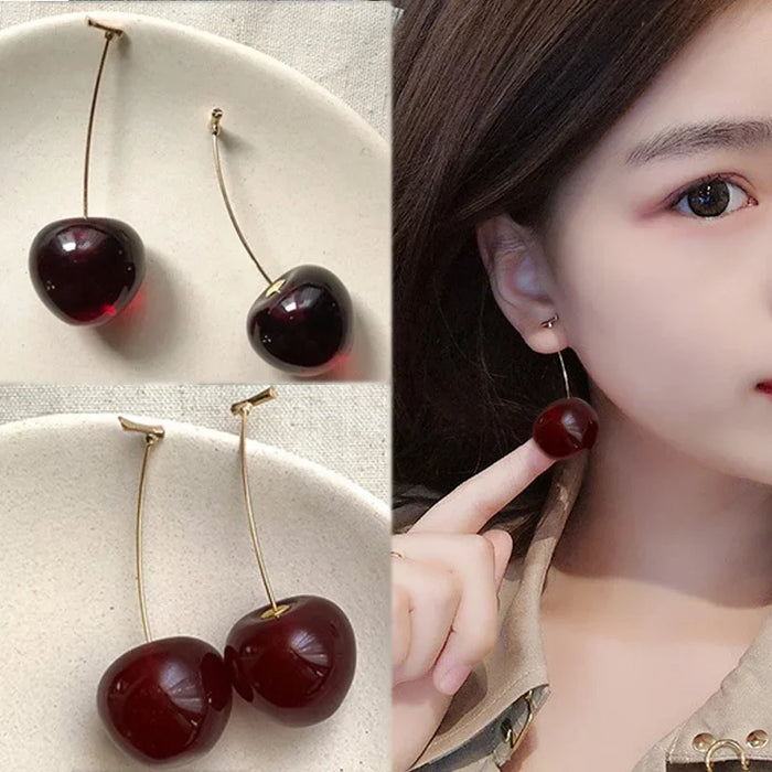 Wholesale Cute Vitality Resin Cherry Earrings with Temperament Long Earrings and Earrings