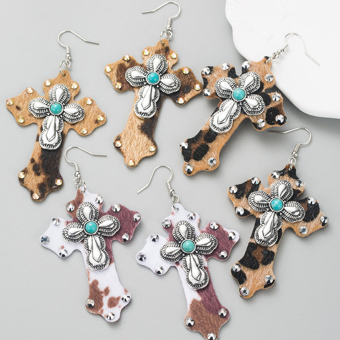 Wholesale Leopard print leather cross turquoise statement earrings