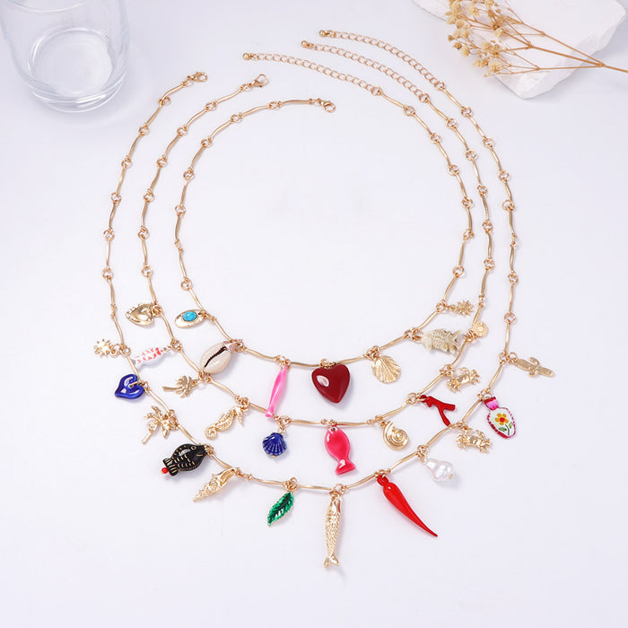 Wholesale Small Fish Heart Geometric and Other Pendants Multi-Layered Necklace for Women