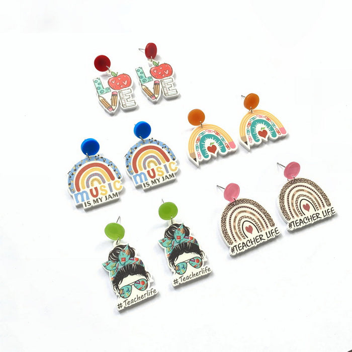 Wholesale Teacher' s Day glitter acrylic Apple Rainbow earrings