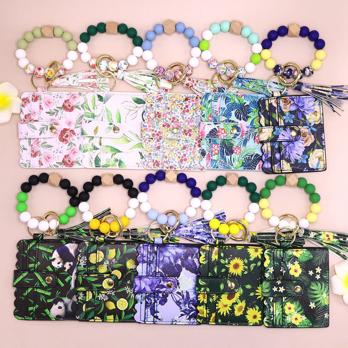 Wholesale silicone wrist bracelet silicone bead card holder plant printed PU ID card holder DIY beaded pendant