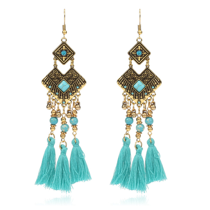 Wholesale Alloy Bohemian Tassel Leaf Ceramic Bead Crystal Rice Bead Pendant Earrings JDC-ES-Xiny005