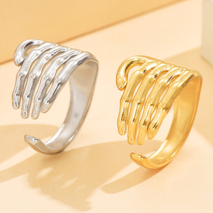 Wholesale Personalized punk quirky hand design, open stainless steel ring, oil pressure vacuum plating
