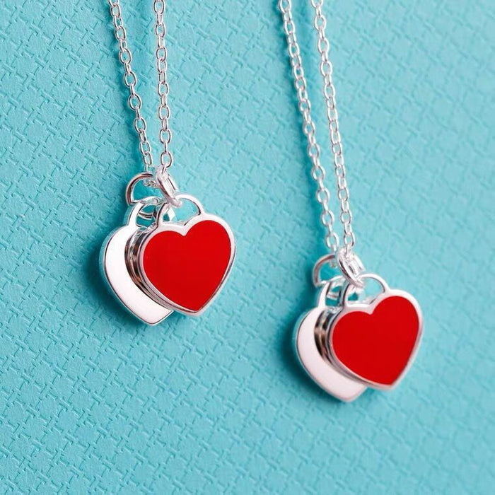 Wholesale Heart Necklace Sterling Silver Red Heart Dripping Oil Enamel Blue Clavicle Chain Double Heart-Shaped Pendant