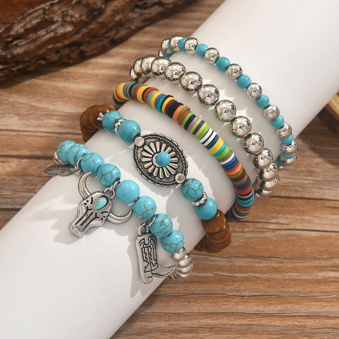 Wholesale Retro Turquoise Wood Bead Bead Alloy Elastic Thread Multi piece Bracelet Set