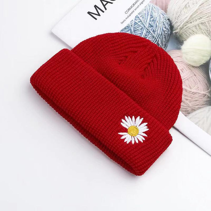 Wholesale Daisy Embroidery Solid Color Acrylic Knitted Wool Hat JDC-FH-YBQX004