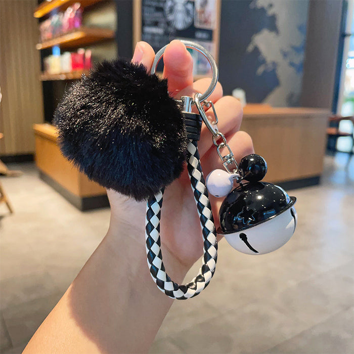 Wholesale Fur Ball Two-color Bell Leather Rope Keychain JDC-KC-YuanD003