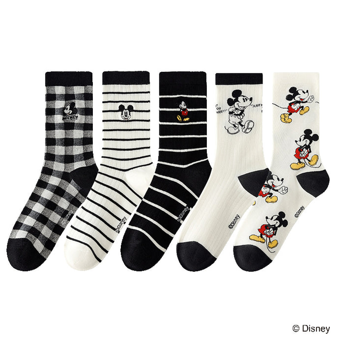 Wholesale Autumn and winter socks for children, 5 pairs of black striped mid tube cotton socks, cartoon embroidered women's socks