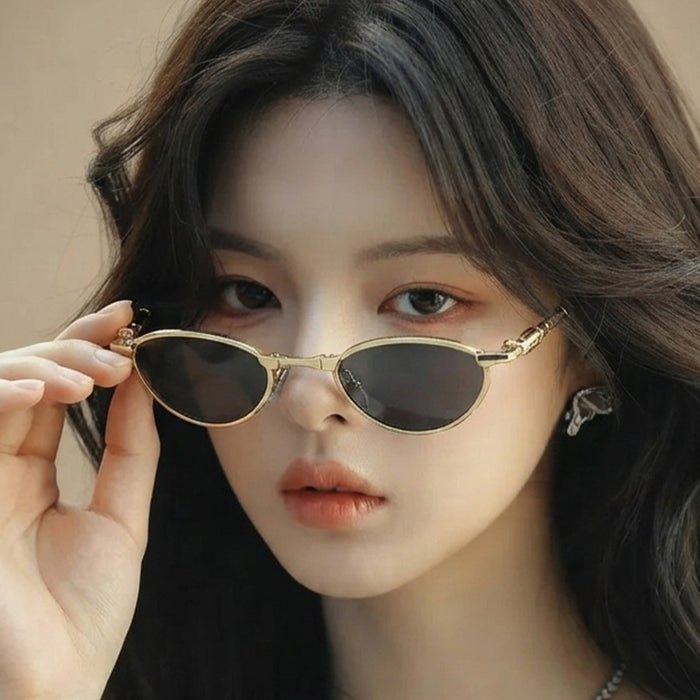 Wholesale Foldable Metal Oval Sunglasses with Rhinestones UV400 Gold Frame Gray Lens for Resale