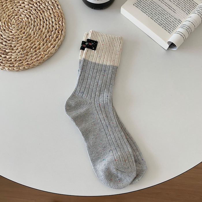 Wholesale Color blocked heel fabric label, thick needle socks, dotted yarn, middle tube, stacked socks