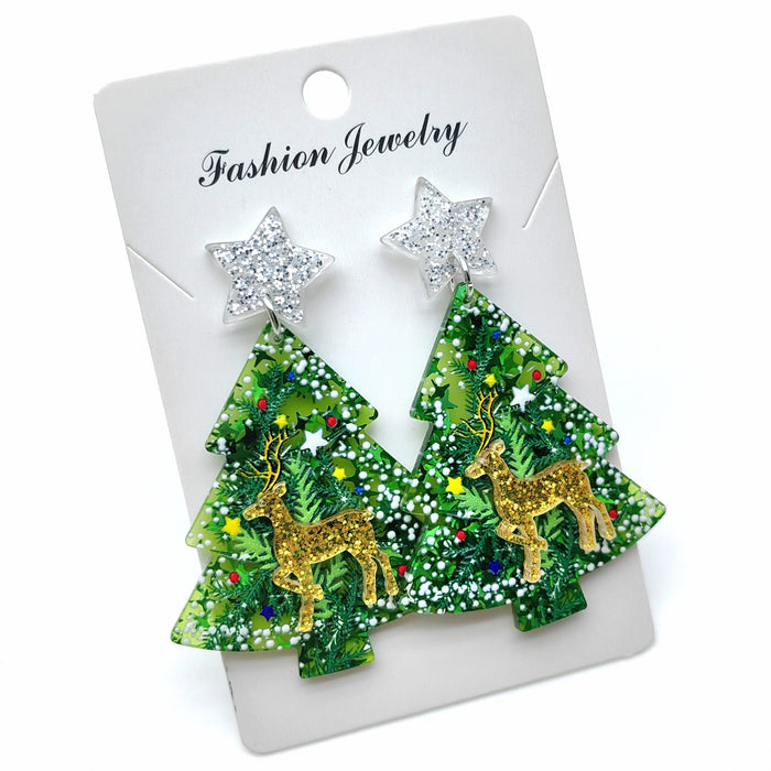 Wholesale Christmas acrylic double-layer three-dimensional earrings Christmas tree bells bright color holiday party earrings