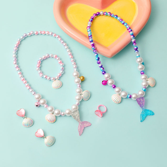 Wholesale Children' s new synthetic pearl jewelry set cute cartoon mermaid tail beaded necklace bracelet earring set